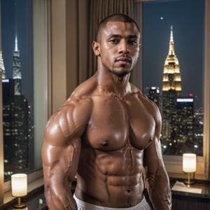half body portrait shot, a dark skin young athletic handsome man, in a luxury hotel room with a big windowed skyscrapers view, shadows accentuating muscles, buzz cut, perfect brown eyes, (at night):2, photography, masterpiece, 4k ultra hd, soft lighting, extremely realistic, noise-free realism, sigma 85mm f/1.4, sexy muscular