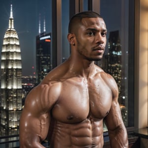 half body portrait shot, a dark skin young athletic handsome man, in a luxury hotel room with a big windowed skyscrapers view, shadows accentuating muscles, buzz cut, perfect brown eyes, (at night):2, photography, masterpiece, 4k ultra hd, soft lighting, extremely realistic, noise-free realism, sigma 85mm f/1.4, sexy muscular