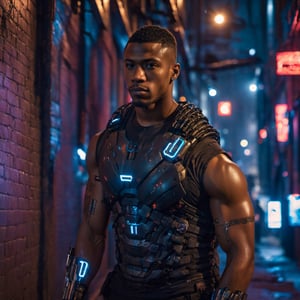 half body portrait shot, a dark skin handsome young muscular male with cyborg arms, leaning on the wall in a small dark alley in cyberpunk night city, at night, (confident pose):1.5, cinematic lighting, handsome face, 4k, highly detailed, masterpiece, low contrast, warm color, night city,cyberpunk style