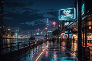 cyberpunk city, neon lights, buildings, scenery, cityscape, river, (pedestrians):1, outdoor bars. Night scene, ultra realistic, highly detailed