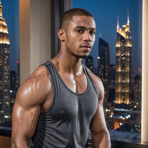 half body portrait shot, a ebony young athletic handsome man, in a luxury hotel room with a big windowed skyscrapers view, shadows accentuating muscles, buzz cut, black tank top, perfect brown eyes, (at night):2, photography, masterpiece, 4k ultra hd, soft lighting, extremely realistic, noise-free realism, sigma 85mm f/1.4, sexy muscular