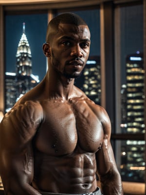 half body portrait shot, an ebony athletic handsome man, in a luxury hotel room with a big windowed skyscrapers view, shadows accentuating muscles, buzz cut, deep light brown eyes, eye_contact, (at night):2, photography, masterpiece, 4k ultra hd, soft lighting, extremely realistic, noise-free realism, sigma 85mm f/1.4, more detail XL,more detail XL