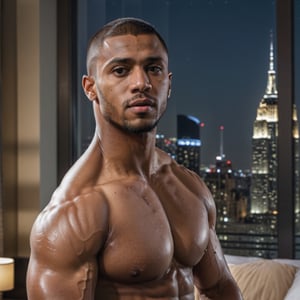half body portrait shot, a dark skin young athletic handsome man, in a luxury hotel room with a big windowed skyscrapers view, shadows accentuating muscles, buzz cut, perfect brown eyes, (at night):2, photography, masterpiece, 4k ultra hd, soft lighting, extremely realistic, noise-free realism, sigma 85mm f/1.4, sexy muscular,Extremely Realistic, more saturation 