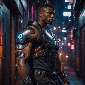 half body portrait shot, a dark skin handsome young muscular male with cyborg armors, leaning on the wall in a small dark alley in cyberpunk night city, bulging biceps, at night, (confident pose):1.5, cinematic lighting, handsome face, 4k, highly detailed, masterpiece, low contrast, warm color, night city,cyberpunk style