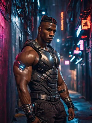 full shot, a dark skin handsome young muscular male with cyborg armors, leaning on the wall in a small dark alley in cyberpunk night city, bulging biceps, at night, (confident pose):1.5, cinematic lighting, handsome face, 4k, highly detailed, masterpiece, low contrast, warm color, night city,cyberpunk style