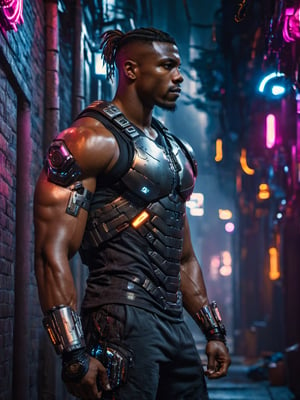 full shot, a dark skin handsome young muscular male with cyborg armors, leaning on the wall in a small dark alley in cyberpunk night city, bulging biceps, at night, (confident pose):1.5, cinematic lighting, handsome face, 4k, highly detailed, masterpiece, low contrast, warm color, night city,cyberpunk style