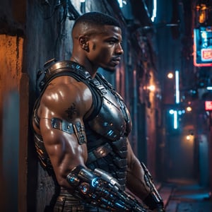half body portrait shot, a dark skin handsome young muscular male with cyborg armors, leaning on the wall in a small dark alley in cyberpunk night city, bulging biceps, at night, (confident pose):1.5, cinematic lighting, handsome face, 4k, highly detailed, masterpiece, low contrast, warm color, night city,cyberpunk style