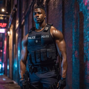 half body portrait shot, a dark skin handsome young muscular police wearing uniform leaning on the wall in the small dark alley in cyberpunk city, bulging biceps, thick thighs. crotch bulge, on the street at night, (confident pose):1.5, cinematic lighting, shadows accentuating muscles, handsome face, 4k, highly detailed, masterpiece, low contrast, warm color,night city