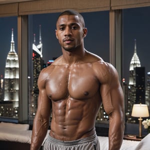 half body portrait shot, a dark skin young athletic handsome man, in a luxury hotel room with a big windowed skyscrapers view, shadows accentuating muscles, buzz cut, perfect brown eyes, (at night):2, photography, masterpiece, 4k ultra hd, soft lighting, extremely realistic, noise-free realism, sigma 85mm f/1.4, sexy muscular