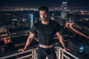 night skylines with a cyberpunk beautiful cityscape, a handsome man facing the camera leaning on the rooftop fence, (at night):1.5, 4K ultra hd realistic, bulging biceps, black tight underwear, black shirt, soft lighting, shadows accentuating muscles, Arial view, perfect eyes