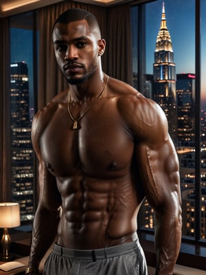 half body portrait shot, an ebony athletic handsome man, in a luxury hotel room with a big windowed skyscrapers view, shadows accentuating muscles, buzz cut, deep light brown eyes, eye_contact, (at night):2, photography, masterpiece, 4k ultra hd, soft lighting, extremely realistic, noise-free realism, sigma 85mm f/1.4, more detail XL,more detail XL