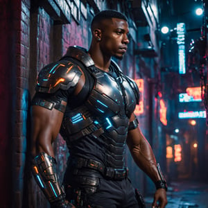 full shot, a dark skin handsome young muscular male with cyborg armors, leaning on the wall in a small dark alley in cyberpunk night city, bulging biceps, at night, (confident pose):1.5, cinematic lighting, handsome face, 4k, highly detailed, masterpiece, low contrast, warm color, night city,cyberpunk style