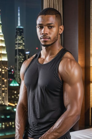 half body portrait shot, an ebony young athletic handsome man, in a luxury hotel room with a big windowed skyscrapers view, shadows accentuating muscles, buzz cut, black tank top, deep light brown eyes, eye_contact, (at night):2, photography, masterpiece, 4k ultra hd, soft lighting, extremely realistic, noise-free realism, sigma 85mm f/1.4