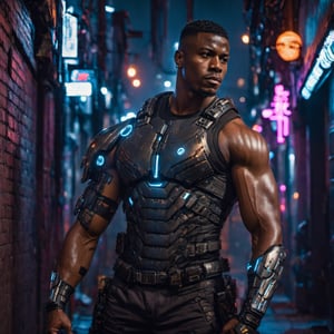 full shot, a dark skin handsome young muscular male with cyborg armors, leaning on the wall in a small dark alley in cyberpunk night city, bulging biceps, at night, (confident pose):1.5, cinematic lighting, handsome face, 4k, highly detailed, masterpiece, low contrast, warm color, night city,cyberpunk style