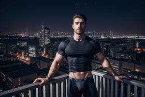 night skylines with a cyberpunk beautiful cityscape, a handsome man facing the camera leaning on the rooftop fence, (at night):1.5, 4K ultra hd realistic, bulging biceps, black tight underwear, black shirt, soft lighting, shadows accentuating muscles, Arial view, perfect eyes