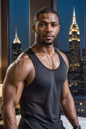 half body portrait shot, an ebony athletic handsome man, in a luxury hotel room with a big windowed skyscrapers view, shadows accentuating muscles, buzz cut, black tank top, deep light brown eyes, eye_contact, (at night):2, photography, masterpiece, 4k ultra hd, soft lighting, extremely realistic, noise-free realism, sigma 85mm f/1.4