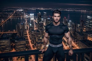 night skylines with a beautiful cityscape, a handsome man facing the camera, (at night):1.5, 4K ultra hd realistic, bulging biceps, black tight underwear, black tight shirt, soft lighting, shadows accentuating muscles, Arial view, perfect eyes