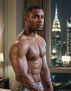 half body portrait shot, a dark skin young athletic handsome man, in a luxury hotel room with a big windowed skyscrapers view, shadows accentuating muscles, buzz cut, perfect eyes, (at night):2, photography, masterpiece, 4k ultra hd, soft lighting, extremely realistic, noise-free realism, sigma 85mm f/1.4, sexy muscular,Extremely Realistic, more saturation 