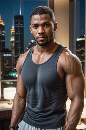 half body portrait shot, an ebony athletic handsome man, in a luxury hotel room with a big windowed skyscrapers view, shadows accentuating muscles, buzz cut, black tank top, deep light brown eyes, eye_contact, (at night):2, photography, masterpiece, 4k ultra hd, soft lighting, extremely realistic, noise-free realism, sigma 85mm f/1.4,more detail XL
