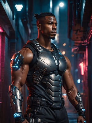 full shot, a dark skin handsome young muscular male with cyborg armors, leaning on the wall in a small dark alley in cyberpunk night city, bulging biceps, at night, (confident pose):1.5, cinematic lighting, handsome face, 4k, highly detailed, masterpiece, low contrast, warm color, night city,cyberpunk style