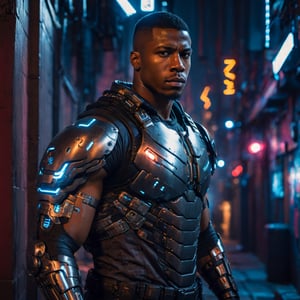 half body portrait shot, a dark skin handsome young muscular male with cyborg armors, leaning on the wall in a small dark alley in cyberpunk night city, at night, (confident pose):1.5, cinematic lighting, handsome face, 4k, highly detailed, masterpiece, low contrast, warm color, night city,cyberpunk style