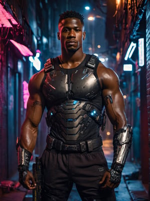 full shot, a dark skin handsome young muscular male with cyborg armors, leaning on the wall in a small dark alley in cyberpunk night city, bulging biceps, at night, (confident pose):1.5, cinematic lighting, handsome face, 4k, highly detailed, masterpiece, low contrast, warm color, night city,cyberpunk style