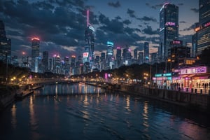 cyberpunk city, neon lights, buildings, scenery, cityscape, river, pedestrians, outdoor bars. Night scene, ultra realistic, highly detailed