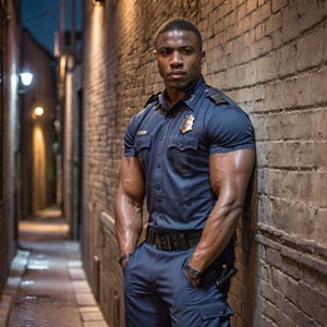 half body portrait shot, a dark skin handsome young muscular police wearing uniform leaning on the wall in the small dark alley, bulging biceps, thick thighs. crotch bulge, on the street at night, (confident pose):1.5, cinematic lighting, shadows accentuating muscles, handsome face, 4k, highly detailed, masterpiece, low contrast, warm color