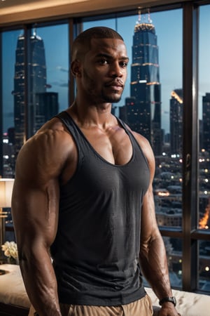 half body portrait shot, an ebony athletic handsome man, in a luxury hotel room with a big windowed skyscrapers view, shadows accentuating muscles, buzz cut, black tank top, deep light brown eyes, eye_contact, (at night):2, photography, masterpiece, 4k ultra hd, soft lighting, extremely realistic, noise-free realism, sigma 85mm f/1.4, more detail XL,more detail XL