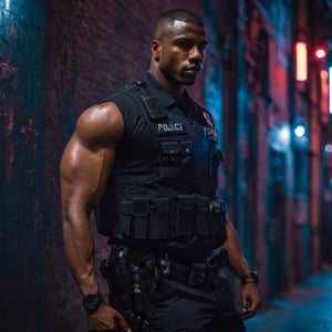 half body portrait shot, a dark skin handsome young muscular police wearing uniform leaning on the wall in the small dark alley in cyberpunk city, bulging biceps, thick thighs. crotch bulge, on the street at night, (confident pose):1.5, cinematic lighting, shadows accentuating muscles, handsome face, 4k, highly detailed, masterpiece, low contrast, warm color,night city