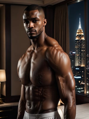 half body portrait shot, an ebony athletic handsome man, in a luxury hotel room with a big windowed skyscrapers view, shadows accentuating muscles, buzz cut, deep light brown eyes, eye_contact, (at night):2, photography, masterpiece, 4k ultra hd, soft lighting, extremely realistic, noise-free realism, sigma 85mm f/1.4, more detail XL,more detail XL