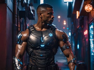 half body portrait shot, a dark skin handsome young muscular male with cyborg armors, leaning on the wall in a small dark alley in cyberpunk night city, bulging biceps, at night, (confident pose):1.5, cinematic lighting, handsome face, 4k, highly detailed, masterpiece, low contrast, warm color, night city,cyberpunk style