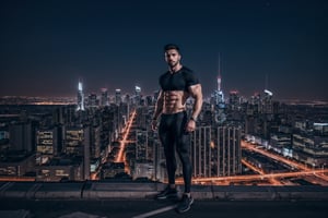 night skylines with a cyberpunk beautiful cityscape, a handsome man facing the camera leaning on the rooftop fence, (at night):1.5, 4K ultra hd realistic, bulging biceps, black tight underwear, black tight shirt, soft lighting, shadows accentuating muscles, Arial view, perfect eyes