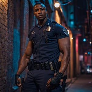 half body portrait shot, a dark skin handsome young muscular police wearing uniform leaning on the wall in the small dark alley in cyberpunk night city, beefy. crotch bulge, on the street at night, (confident pose):1.5, cinematic lighting, shadows accentuating muscles, handsome face, 4k, highly detailed, masterpiece, low contrast, warm color,night city,background