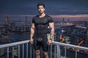 night skylines with a beautiful cityscape, a handsome man facing the camera, (at night):1.5, 4K ultra hd realistic, bulging biceps, chiseled physique, (black form-fitting underwear):1.5, (black form-fitting t-shirt):1.5, soft lighting, shadows accentuating muscles, Arial view, perfecteyes,no trigger words