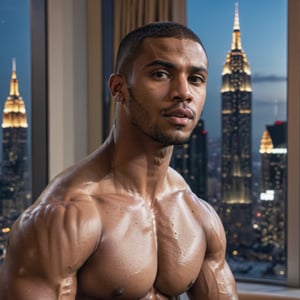 half body portrait shot, a dark skin young athletic handsome man, in a luxury hotel room with a big windowed skyscrapers view, shadows accentuating muscles, buzz cut, perfect brown eyes, (at night):2, photography, masterpiece, 4k ultra hd, soft lighting, extremely realistic, noise-free realism, sigma 85mm f/1.4, sexy muscular,Extremely Realistic, more saturation 