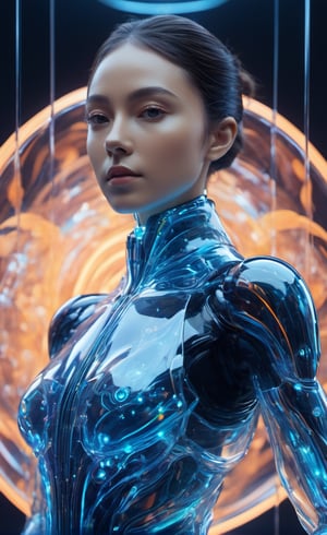 the glass beautiful girl's body, full body,symmetry, nature, subsurface scattering, transparent, translucent skin, glow, bloom, Bioluminescent liquid,3d style,cyborg style,Movie Still,Leonardo Style, cool color, vibrant, volumetric light