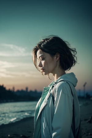 (close-shot photo:1.4) of a beatutiful woman wearing a white coat on a open field, embers of emotion,colorful, (photo-realisitc), nebula background, nebula theme,exposure blend, green:blue-light, bokeh, (hdr:1.4), high contrast, (cinematic, teal and green:0.85), (muted colors, dim colors, soothing tones:1.3), low saturation,fate/stay background,yofukashi background,1,toitoistyle