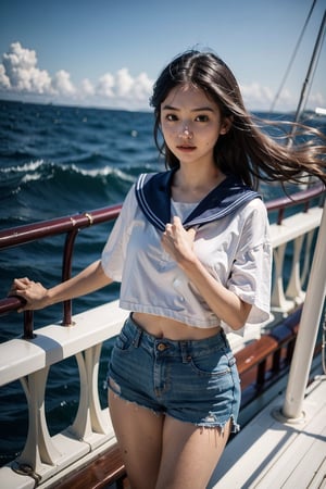  
Beautiful Girls on holiday by the sea, jeans shorts, Japanese sailor clothes, plenty of sunshine, on a luxurious sailing ship on the sea, wind and waves