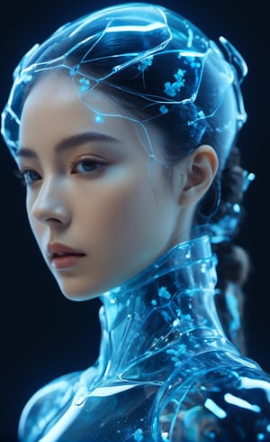 the glass beautiful girl's body, full body,symmetry, nature, subsurface scattering, transparent, translucent skin, glow, bloom, Bioluminescent liquid,3d style,cyborg style,Movie Still,Leonardo Style, cool color, vibrant, volumetric light