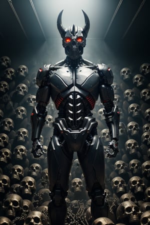 A cyborg Satan statue (made by wind,perfect anatomy,detailed) ,full-body_portrait,((wall of skulls in background)), ghostly scenes, detailed background),high_resolution, (masterpiece), cinematic photo raw photo 4k gopro4 shot, ultra detailed, realistic, photo realistic, professional photo shooting