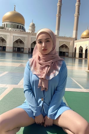 A girl(kid,hijab,,blond_hair,long_curly_hair,oval face, broad forehead,smart eyebrow,((round blue eyes)),beautiful nose ,((rosy cheeks )),(bright skin tone ),sexy lips,fully_clothed,(((perfect anatomy)), girl wearing islamic clothes,look at straight, ((sitting and open legs)),thick thighs),full-body_portrait,((( mosques in background))), ghostly scenes ,(((detailed background))),high_resolution, (masterpiece), cinematic photo raw photo 4k gopro4 shot, ultra detailed, realistic, photo realistic, professional photo shooting