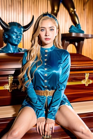 A girl(islamic ,18 years old,blond_hair,long_curly_hair, oval face, broad forehead,smart eyebrow,((round blue eyes)),beautiful nose ,((rosy cheeks )),(bright skin tone ),sexy detailed lips,fully_clothed,(((perfect anatomy))), girl wearing islamic clothes,((sitting on a wooden coffin)),look at straight, bare foot, thick thighs),full-body_portrait,(((satan statue in background))), ghostly scenes, (((detailed background))),high_resolution, (masterpiece), cinematic photo raw photo 4k gopro4 shot, ultra detailed, realistic, photo realistic, professional photo shooting