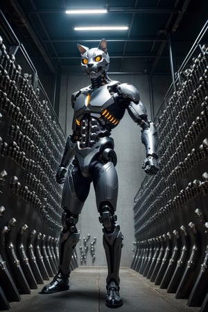 A cyborg cat (made by metal,perfect anatomy,detailed) ,full-body_portrait,((wall of skulls in background)), ghostly scenes, detailed background),high_resolution, (masterpiece), cinematic photo raw photo 4k gopro4 shot, ultra detailed, realistic, photo realistic, professional photo shooting