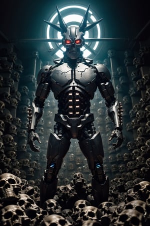 A cyborg Satan statue (made by rock,perfect anatomy,detailed) ,full-body_portrait,((wall of skulls in background)), ghostly scenes, detailed background),high_resolution, (masterpiece), cinematic photo raw photo 4k gopro4 shot, ultra detailed, realistic, photo realistic, professional photo shooting