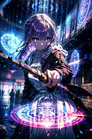 masterpiece, (ultra detailed background:1.3), delicate pattern, intricate detail, highly detailed, fine details, best quality, studio lighting, front lighting, 4K, 8K, absurdres, perfect anatomy, cowboy shot, look forward, very long hair, purple hair, purple eyes, (purple pupils), (white dress:1.3), (black robe:1.2), wood staff, holding staff, (glowing magic circle:1.3), (blue magic circle:1.3), (transparent magic circle:1.3), (magic circles surrounded:1.2), (outdoors:1.3), bright environment, Alps, sunny, blue sky, rocks, open field,