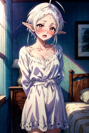 masterpiece, best quality, absurdres, Sylphiette, short hair, ahoge, white nightgown, collarbone, long sleeves, standing, indoors, bedroom, arms behind back, shy, blush, open mouth,
