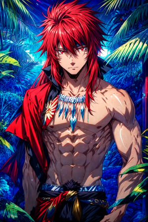 masterpiece, best quality, game cg, 1boy, solo, male focus, looking at viewer, , , , guy_crimson, red eyes, red hair, long hair, , , A tropical paradise where the sun shines brightly every day,