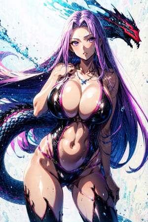 ,MedGorg, 1girl, solo, long hair, looking at viewer, simple background, thighhighs, white background, navel, cleavage, bare shoulders, jewelry, very long hair, purple eyes, collarbone, purple hair, thighs, parted lips, necklace, huge breasts, parted bangs, monster girl, revealing clothes, black one-piece swimsuit, scales, slingshot swimsuit, snake hair, claws