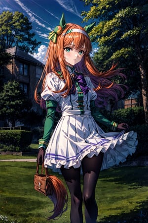 masterpiece,realistic, ,1girl,silence suzuka (umamusume),silence suzuka(Racing),horse girl,horse ears,horse tail,orange hair,green eyes,long hair,ear covers,hairband,black gloves,black bowtie,layered sleeves,purple pantyhose,asymmetrical footwear,solo,on grass, outdoors,